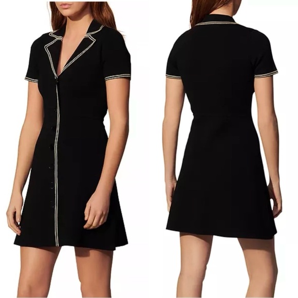 SANDRO Laureene Contrast Topstiched Dress in black with ivory detail Size: 36/S - Picture 1 of 8
